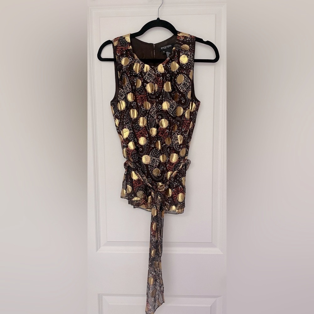 Etcetera Sleeveless Metallic Dot Tie-Waist Blouse in Brown and Gold